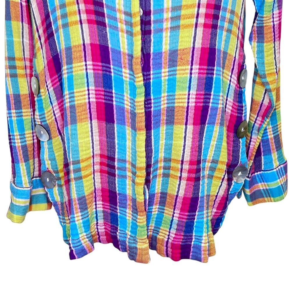 Soft Surroundings Kona Shores Button Up Gauzy Rainbow Plaid Cotton Blouse LGE - Picture 3 of 9